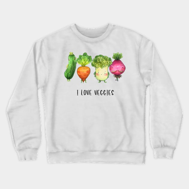 "I love Veggies" Cute Watercolour Handmade Crewneck Sweatshirt by Carlotta Mascolo Art